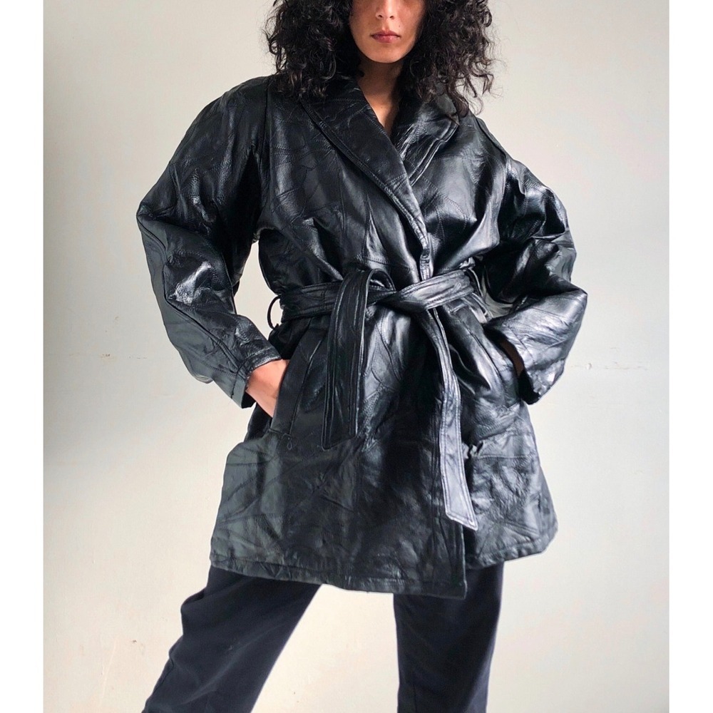 Navarre Leather Company Italian Stone black patchwork leather trench coat L